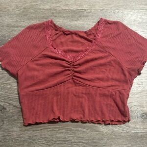 Lace Trim Raglan Sleeve Rib-Knit Crop Tee